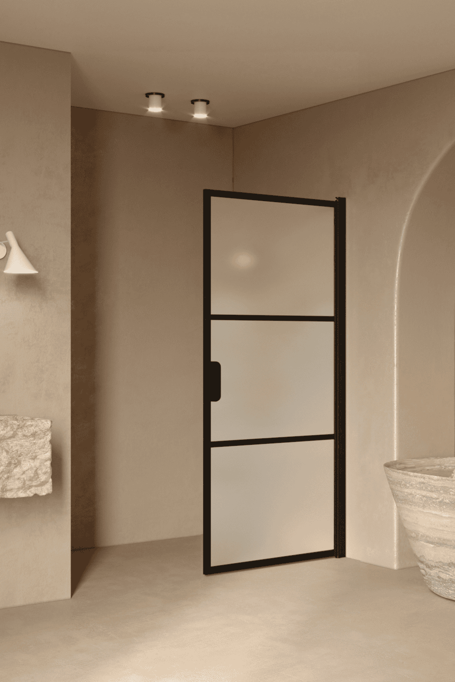 Hinged shower door Hietakari Bläk 735 Tokyo, black frame, satin frosted glass Hinged shower door Hietakari Bläk 735 Tokyo, black frame, satin frosted glass