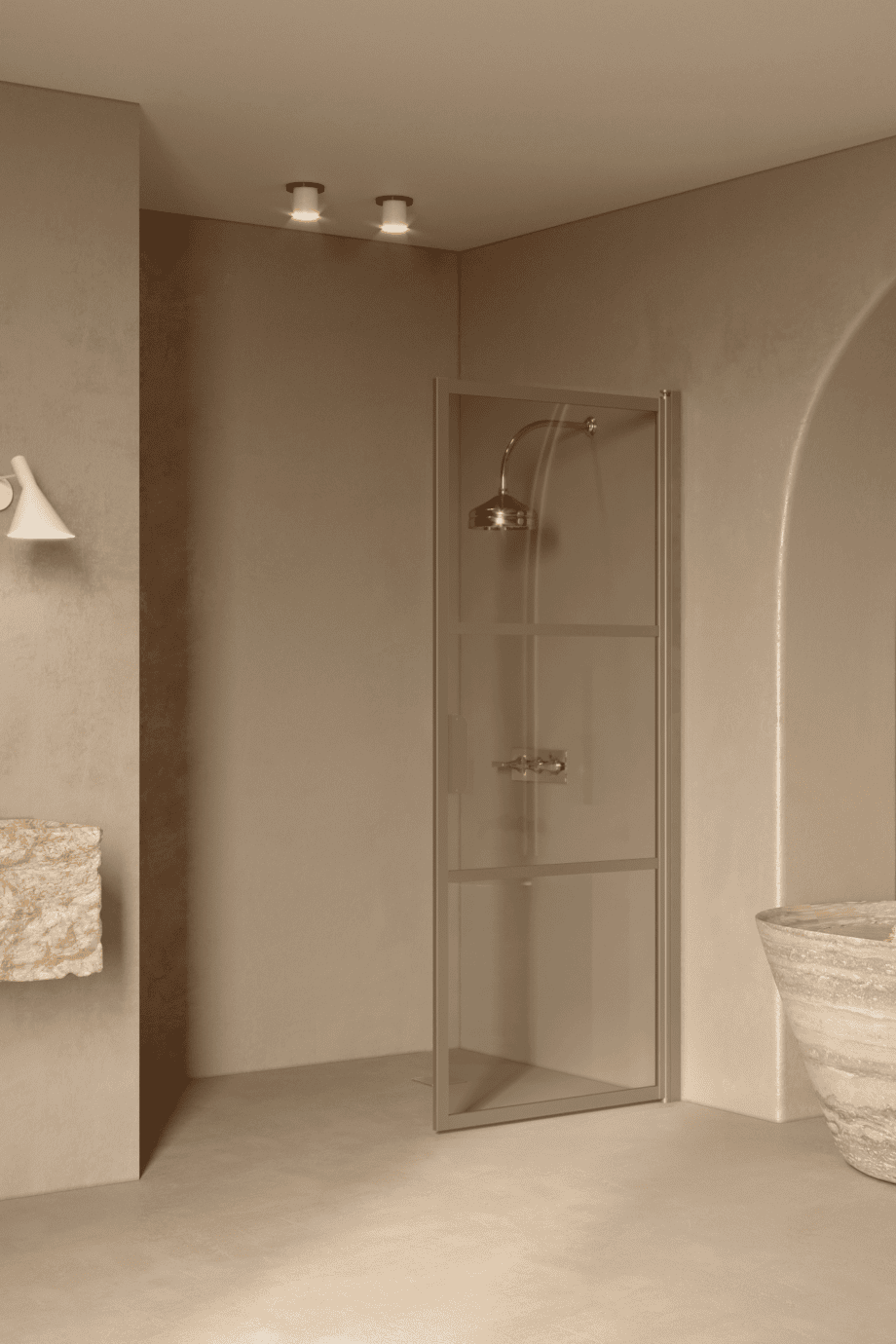 Hinged shower door Hietakari Bläk 735 Tokyo, Sand frame, grey tinted glass Hinged shower door Hietakari Bläk 735 Tokyo, Sand frame, grey tinted glass