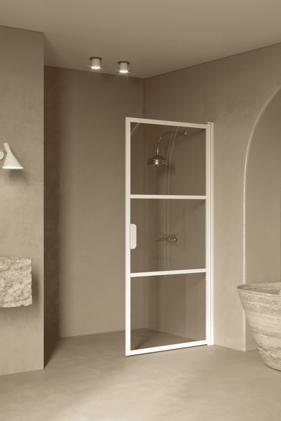 Hinged shower door Hietakari Bläk 735 Tokyo, white frame, grey tinted glass Hinged shower door Hietakari Bläk 735 Tokyo, white frame, grey tinted glass