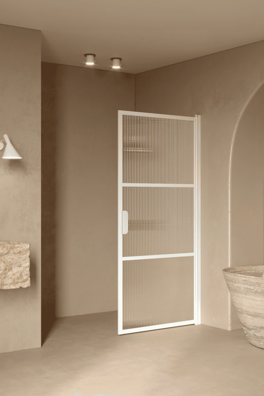 Hinged shower door Hietakari Bläk 735 Tokyo, white frame, reeded glass Hinged shower door Hietakari Bläk 735 Tokyo, white frame, reeded glass