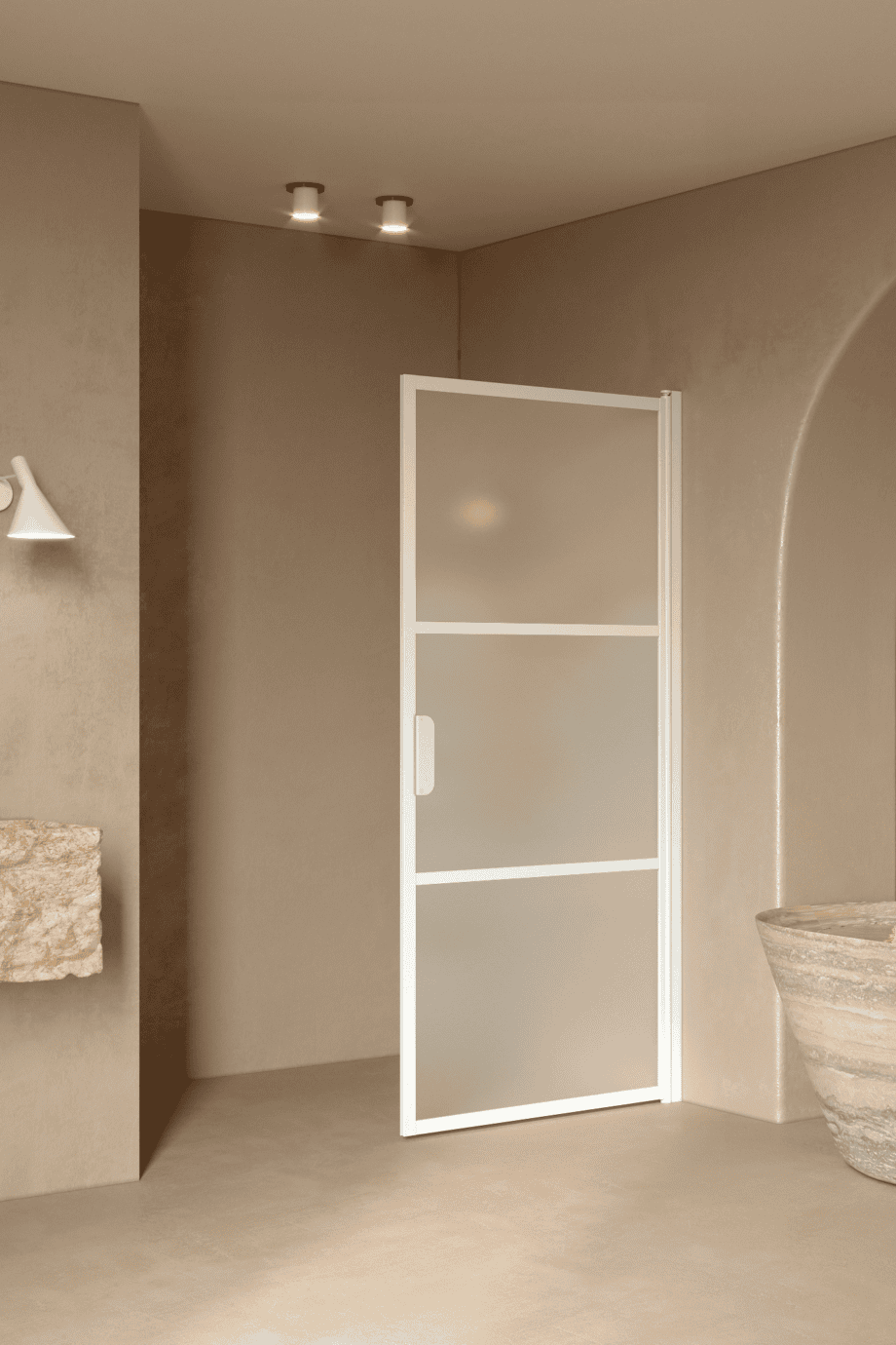 Hinged shower door Hietakari Bläk 735 Tokyo, white frame, satin frosted glass Hinged shower door Hietakari Bläk 735 Tokyo, white frame, satin frosted glass