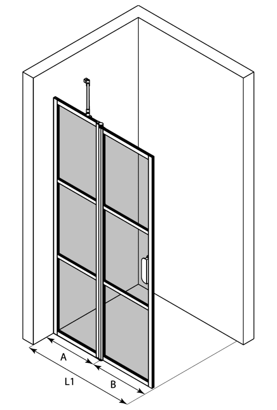 Hinged shower screen with fixed part Hietakari Bläk 736 Tokyo – 3D drawing Hinged shower screen with fixed part Hietakari Bläk 736 Tokyo – 3D drawing