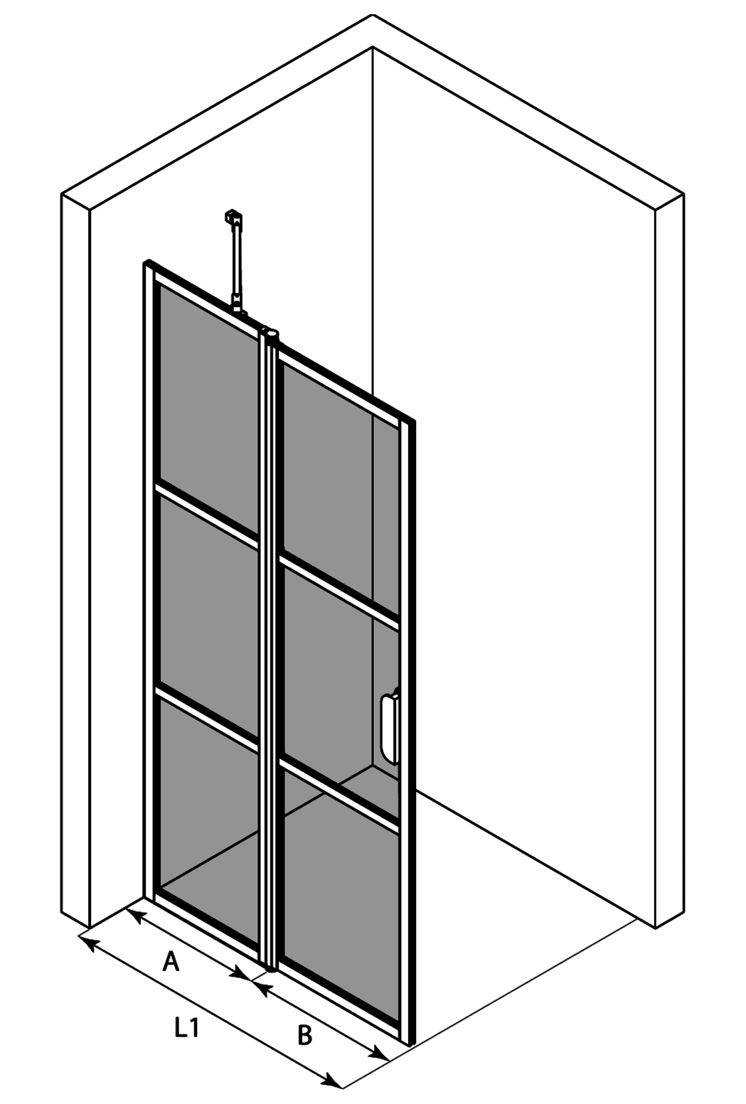 Hinged shower screen with fixed part Hietakari Bläk 736 Tokyo – 3D drawing Hinged shower screen with fixed part Hietakari Bläk 736 Tokyo – 3D drawing