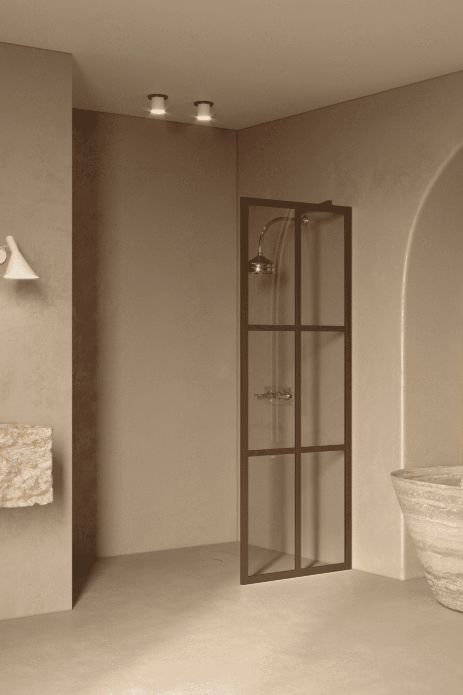 Fixed shower screen Hietakari Bläk 737 Paris, Mocha frame, grey tinted glass Fixed shower screen Hietakari Bläk 737 Paris, Mocha frame, grey tinted glass
