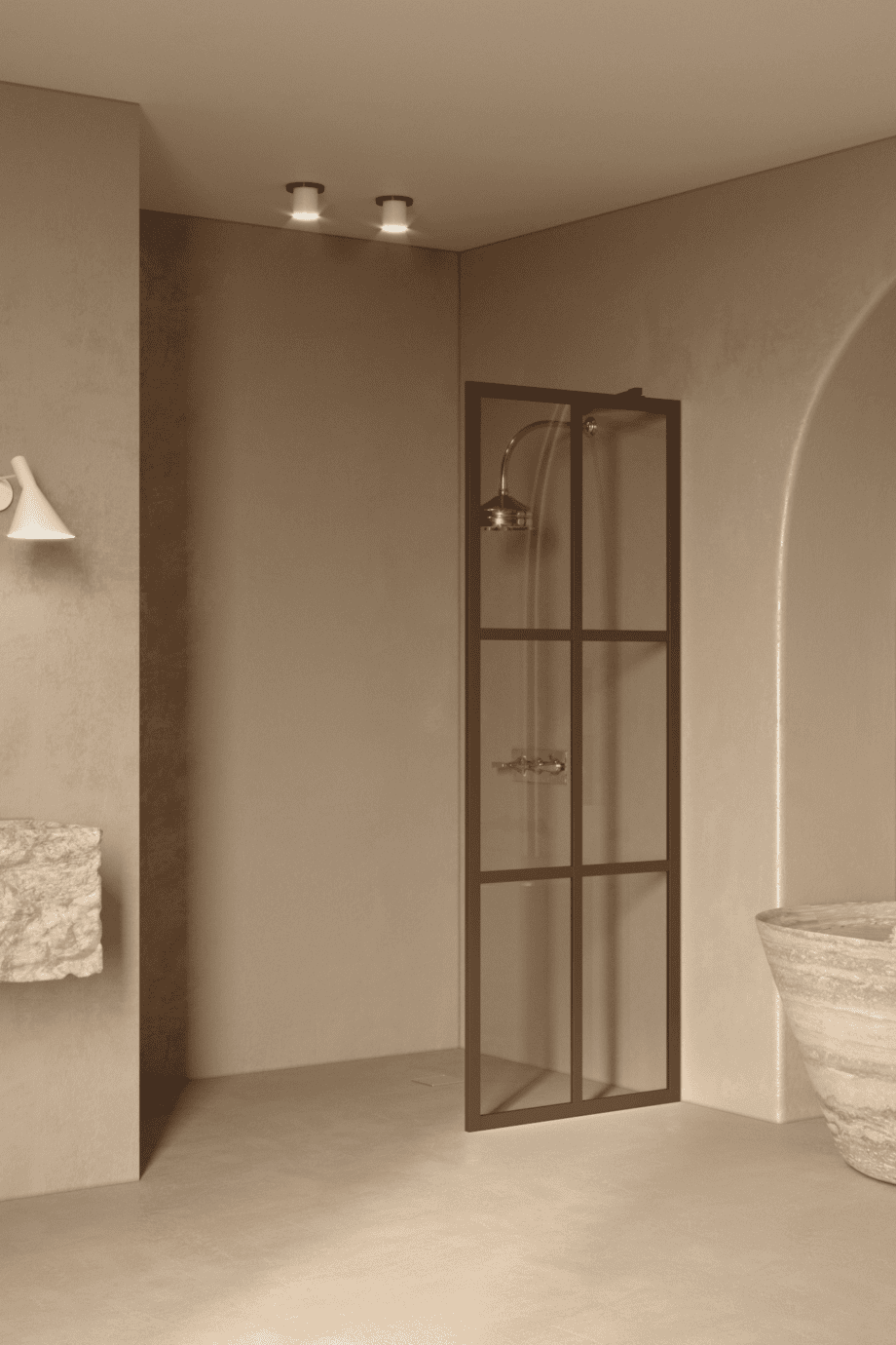 Fixed shower screen Hietakari Bläk 737 Paris, Mocha frame, bronze tinted glass Fixed shower screen Hietakari Bläk 737 Paris, Mocha frame, bronze tinted glass