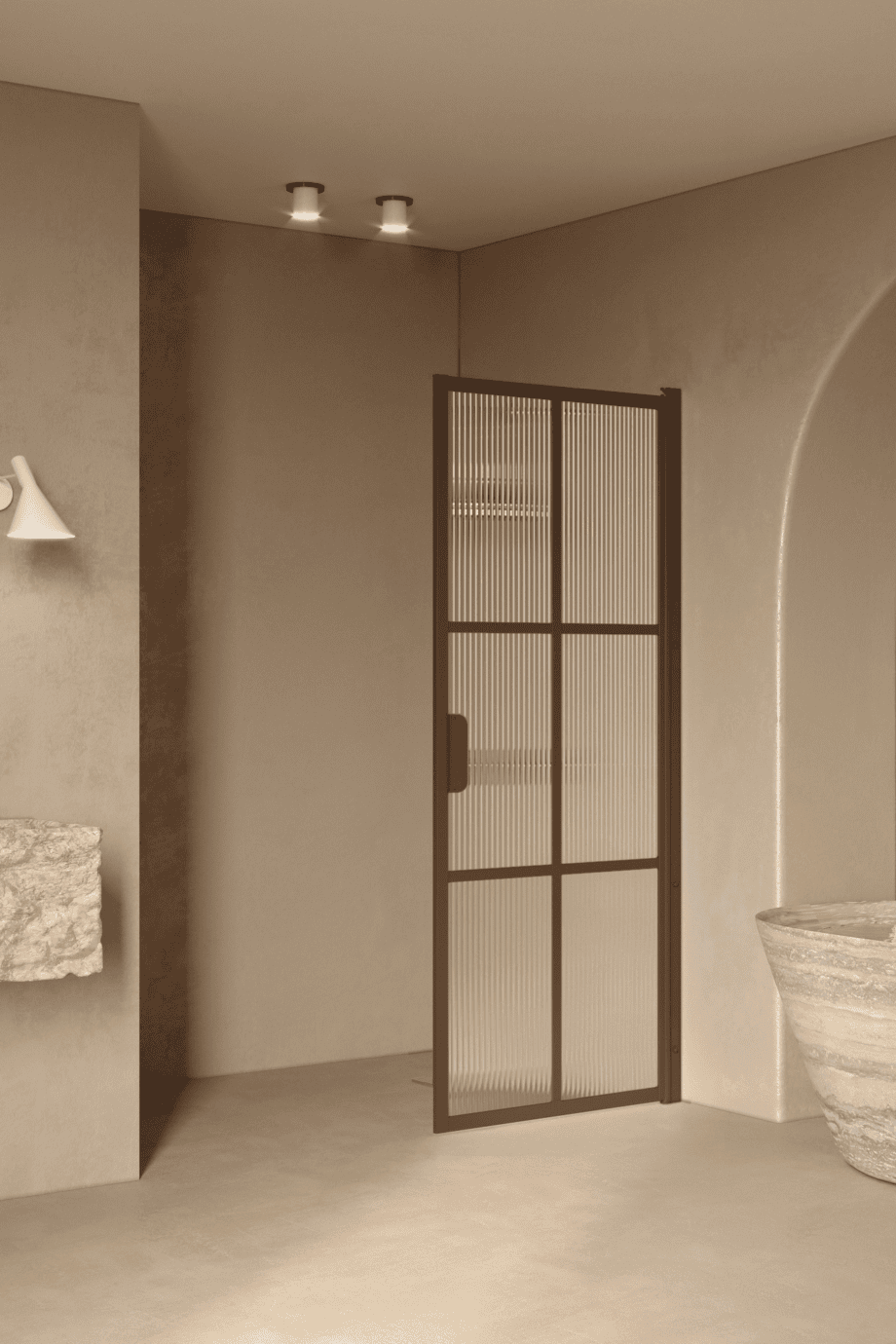 Hinged shower door Hietakari Bläk 738 Paris, Mocha frame, reeded glass Hinged shower door Hietakari Bläk 738 Paris, Mocha frame, reeded glass