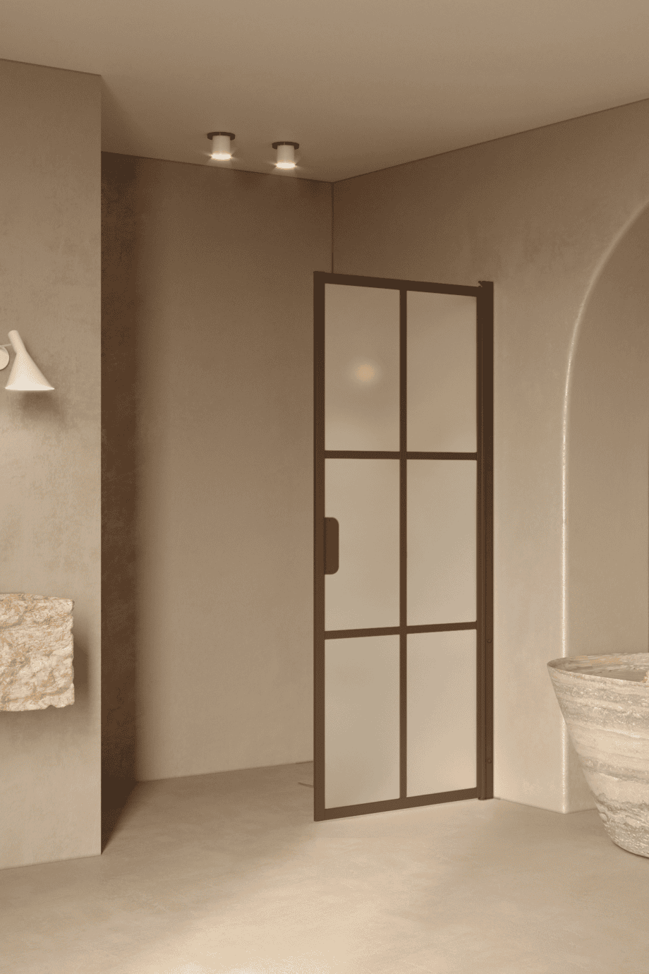 Hinged shower door Hietakari Bläk 738 Paris, Mocha frame, satin frosted glass Hinged shower door Hietakari Bläk 738 Paris, Mocha frame, satin frosted glass