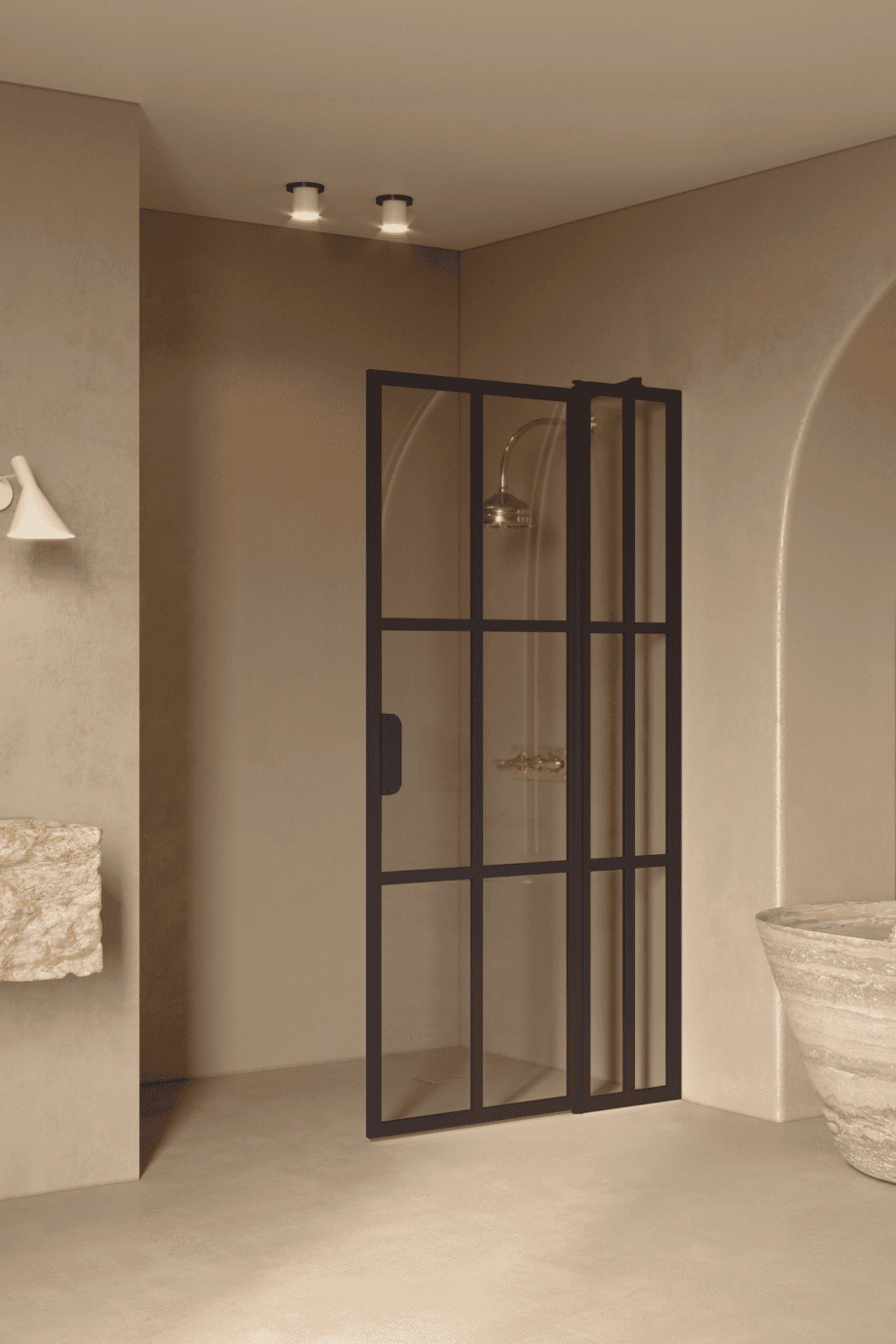 Hinged shower screen with fixed part Hietakari Bläk 739 Paris, Cocoa frame, grey tinted glass Hinged shower screen with fixed part Hietakari Bläk 739 Paris, Cocoa frame, grey tinted glass