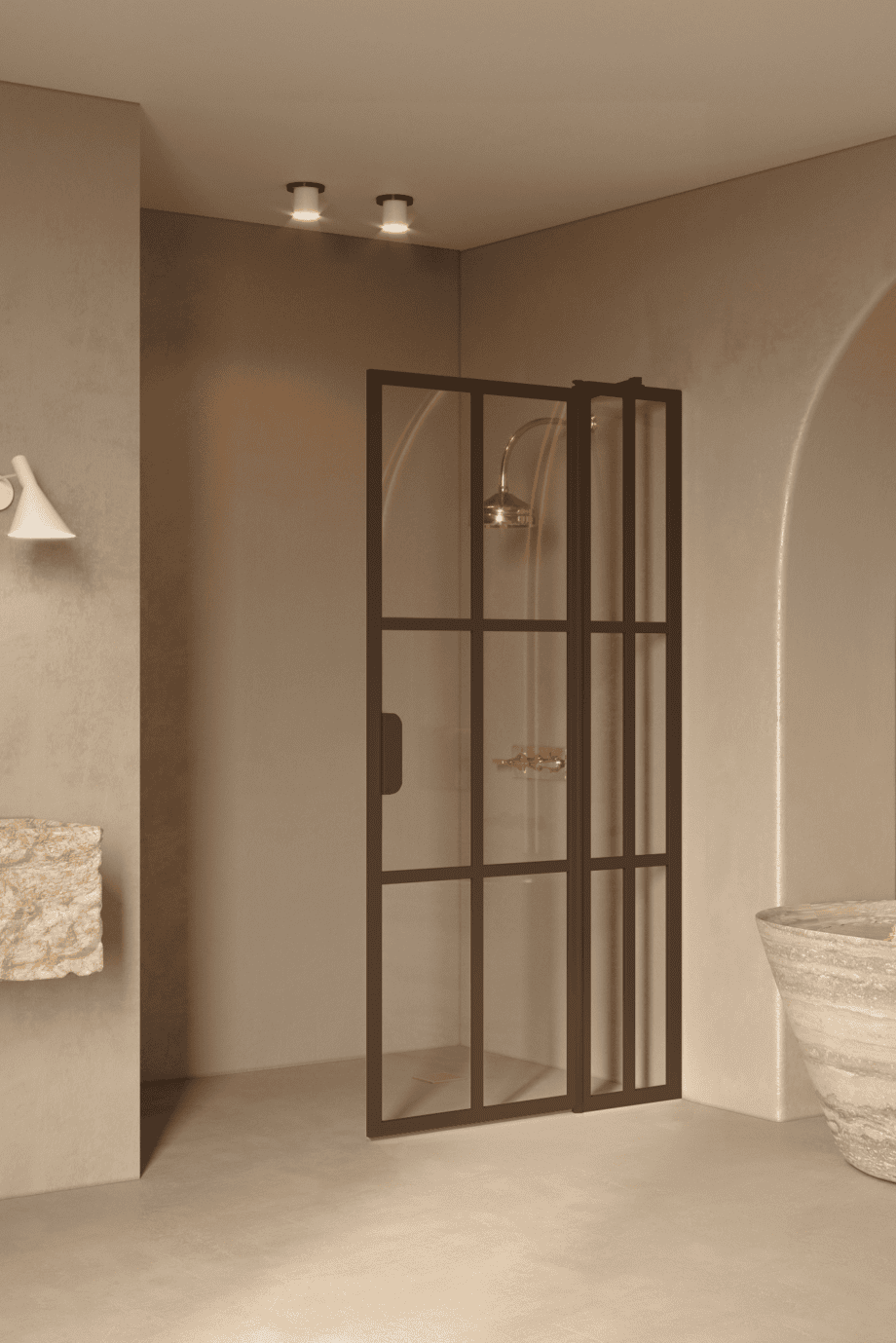 Hinged shower screen with fixed part Hietakari Bläk 739 Paris, Mocha frame, satin frosted glass Hinged shower screen with fixed part Hietakari Bläk 739 Paris, Mocha frame, satin frosted glass
