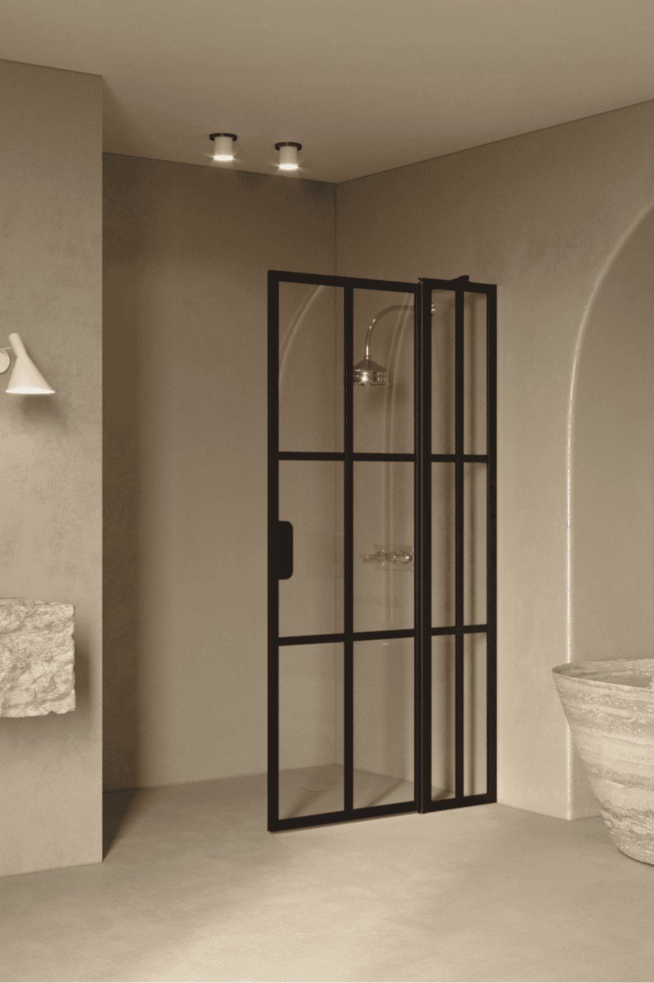 Hinged shower screen with fixed part Hietakari Bläk 739 Paris, black frame, satin frosted glass Hinged shower screen with fixed part Hietakari Bläk 739 Paris, black frame, satin frosted glass