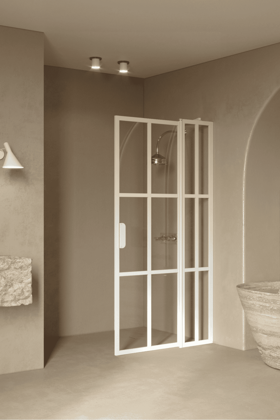 Hinged shower screen with fixed part Hietakari Bläk 739 Paris, white frame, satin frosted glass Hinged shower screen with fixed part Hietakari Bläk 739 Paris, white frame, satin frosted glass