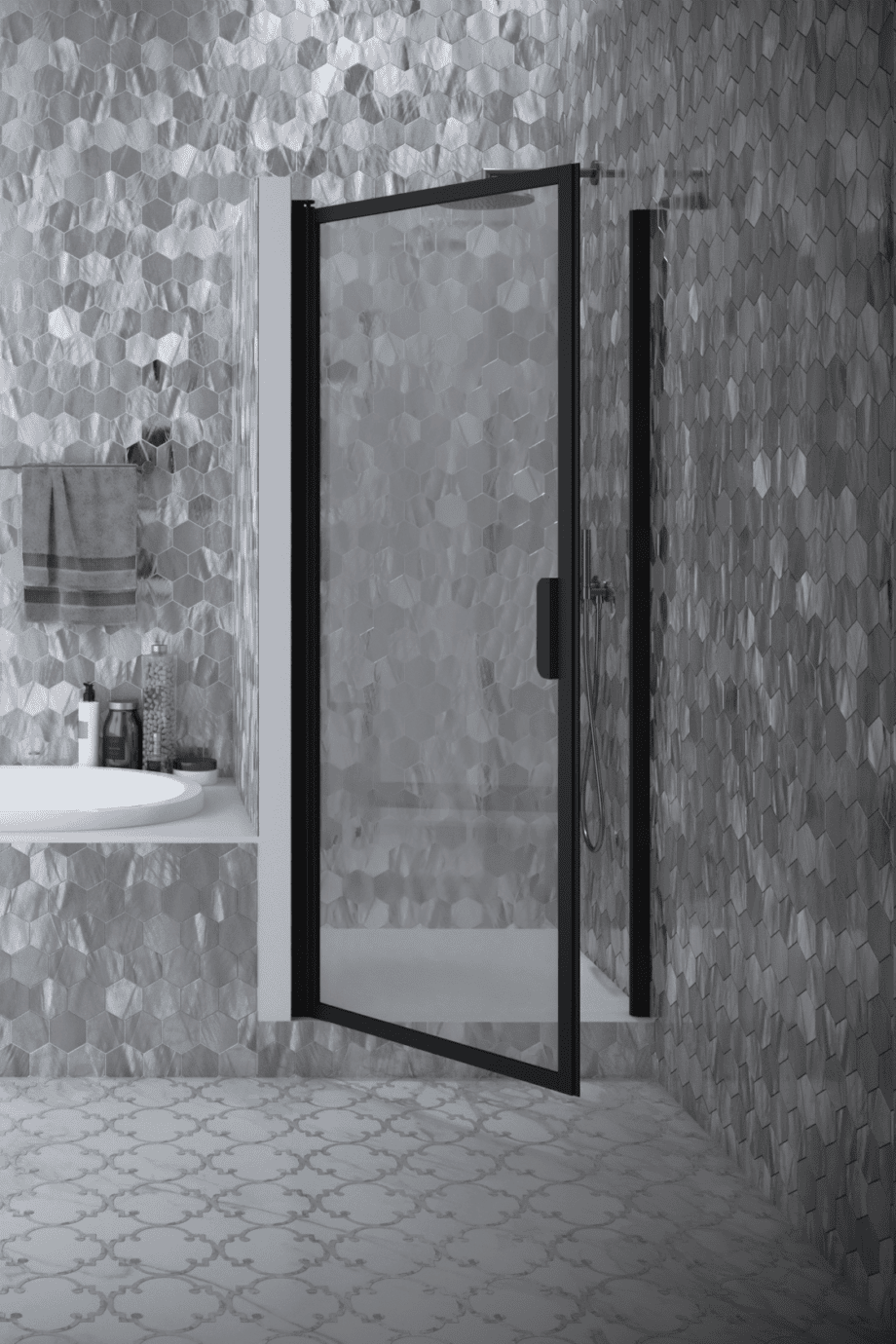 Hinged shower door with wall magnet Hietakari Bläk 788 New York, black frame, grey tinted glass Hinged shower door with wall magnet Hietakari Bläk 788 New York, black frame, grey tinted glass