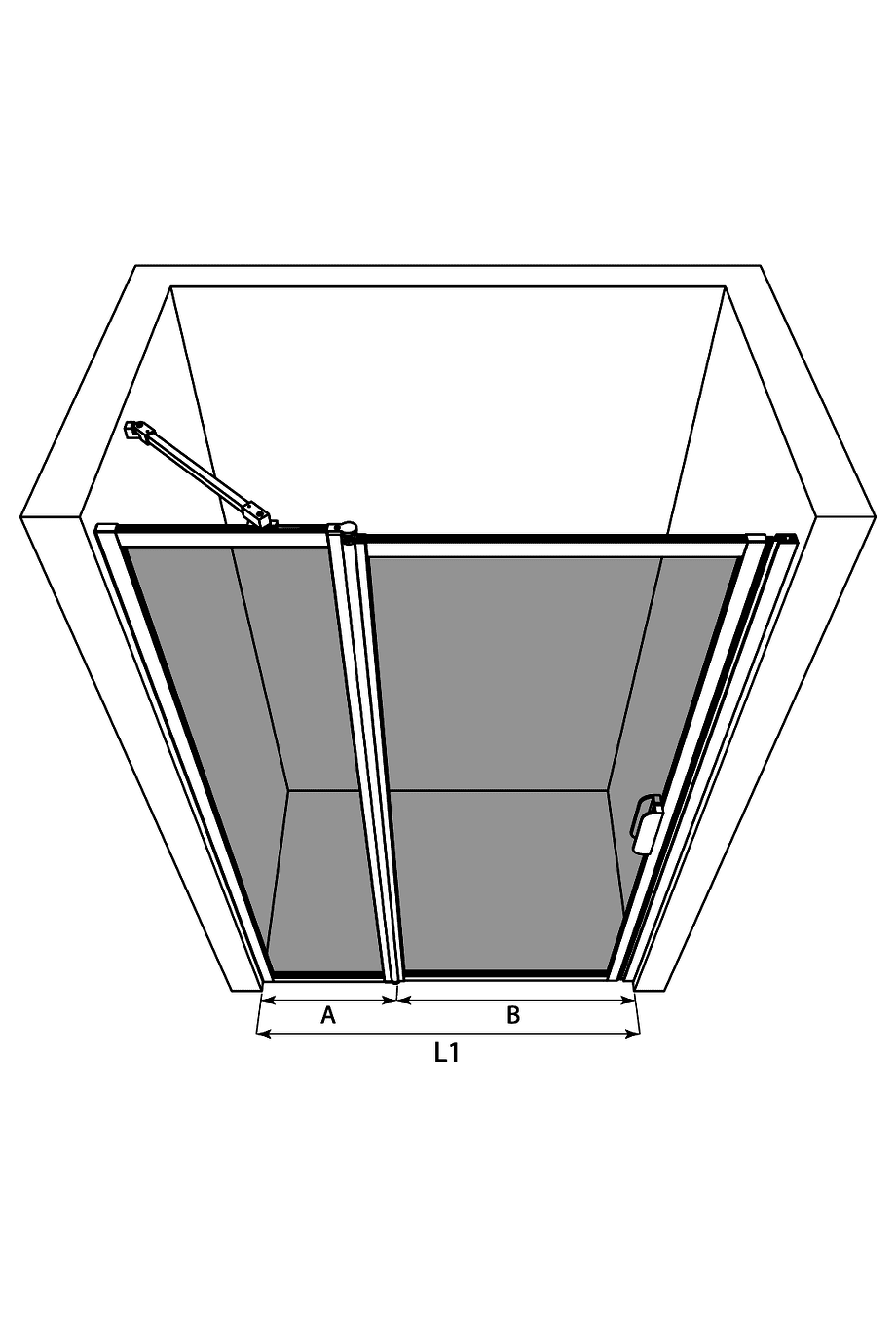 Hinged shower door with fixed part and wall magnet Hietakari Bläk 789 New York – 3D drawing Hinged shower door with fixed part and wall magnet Hietakari Bläk 789 New York – 3D drawing