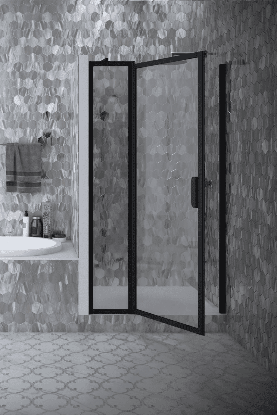 Hinged shower door with fixed part and wall magnet Hietakari Bläk 789 New York, black frame, grey tinted glass Hinged shower door with fixed part and wall magnet Hietakari Bläk 789 New York, black frame, grey tinted glass
