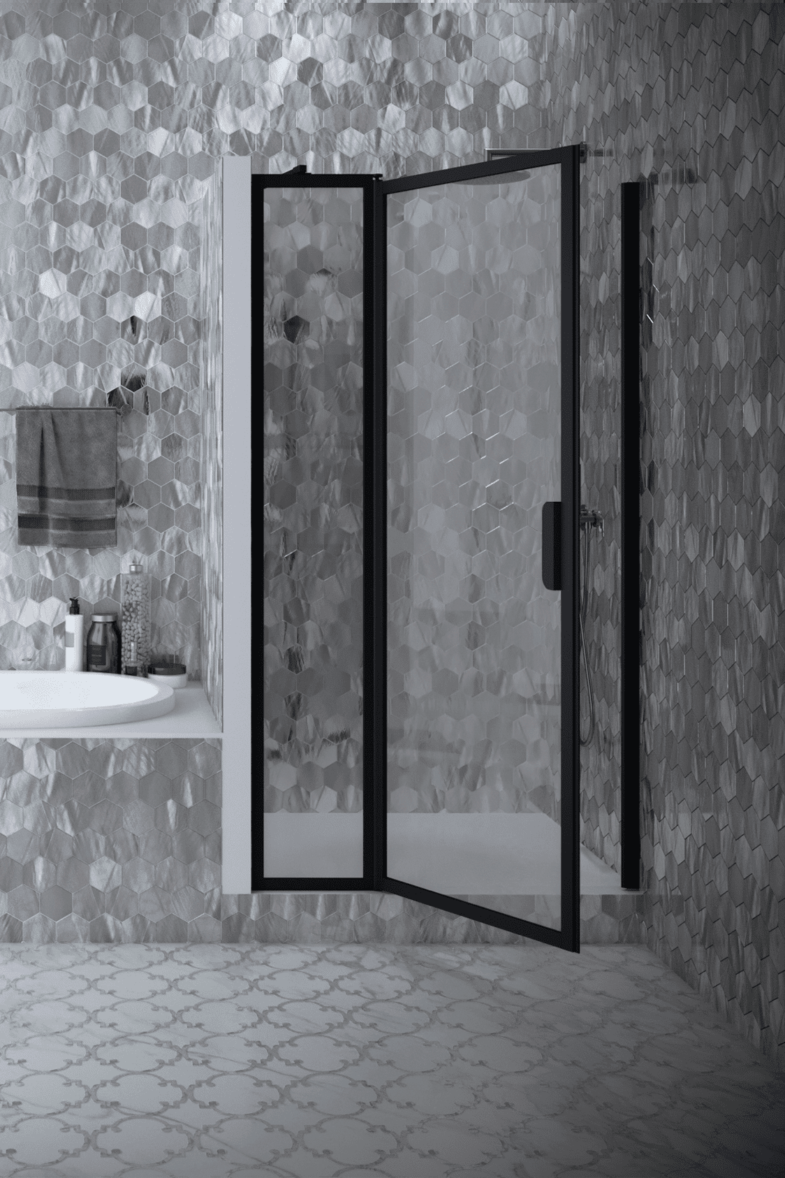 Hinged shower door with fixed part and wall magnet Hietakari Bläk 789 New York – 4