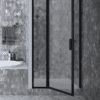 Hinged shower door with fixed part and wall magnet Hietakari Bläk 789 New York, white frame, grey tinted glass Hinged shower door with fixed part and wall magnet Hietakari Bläk 789 New York, white frame, grey tinted glass