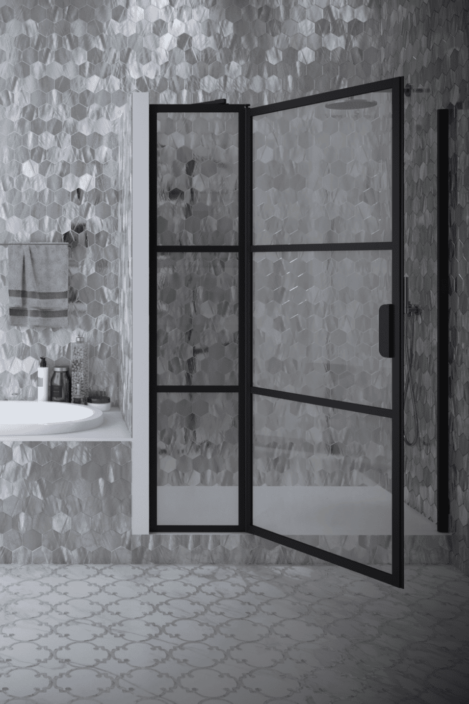 Hinged shower door with fixed part and wall magnet Hietakari Bläk 791 Tokyo, black frame, reeded glass Hinged shower door with fixed part and wall magnet Hietakari Bläk 791 Tokyo, black frame, reeded glass