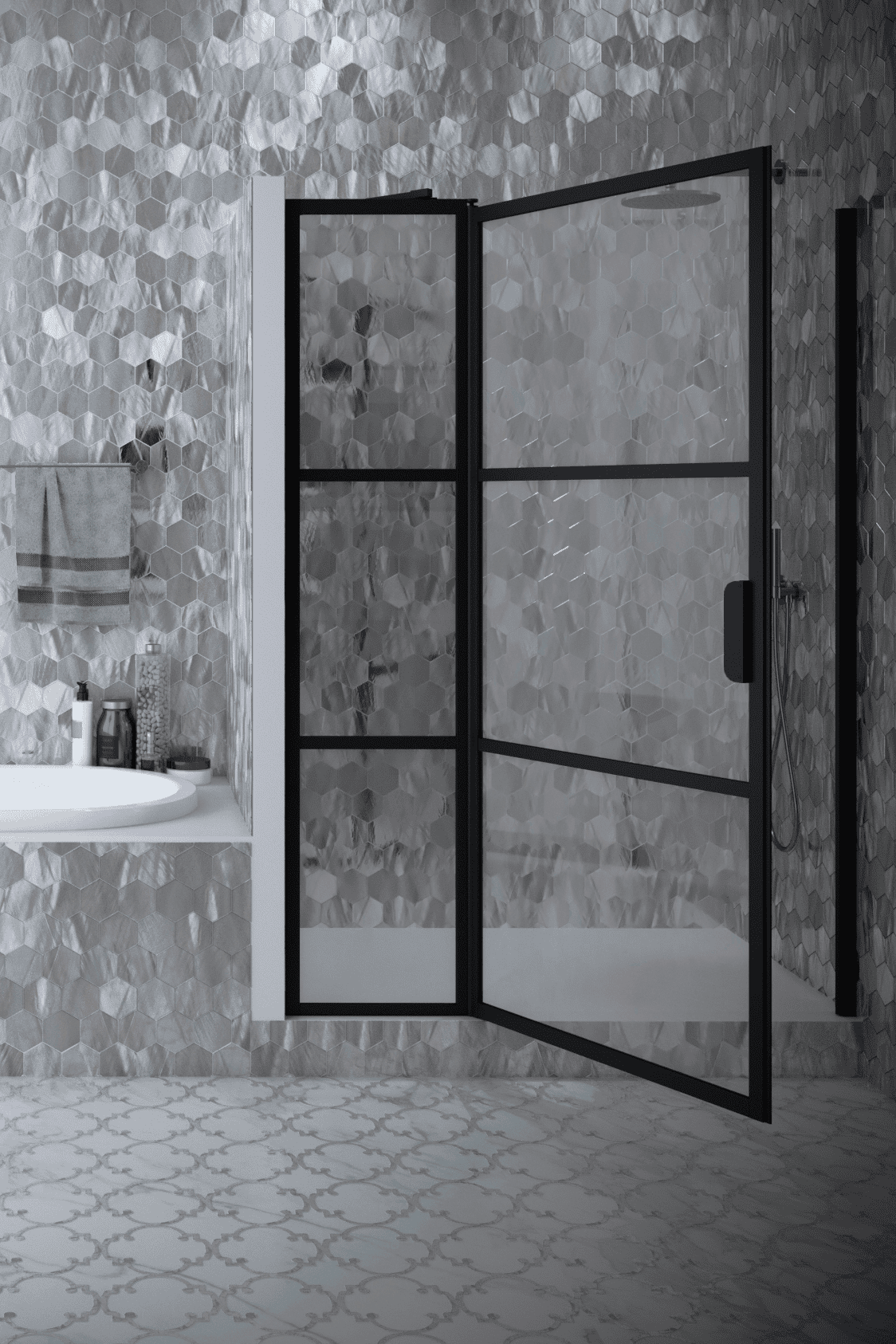 Hinged shower door with fixed part and wall magnet Hietakari Bläk 791 Tokyo