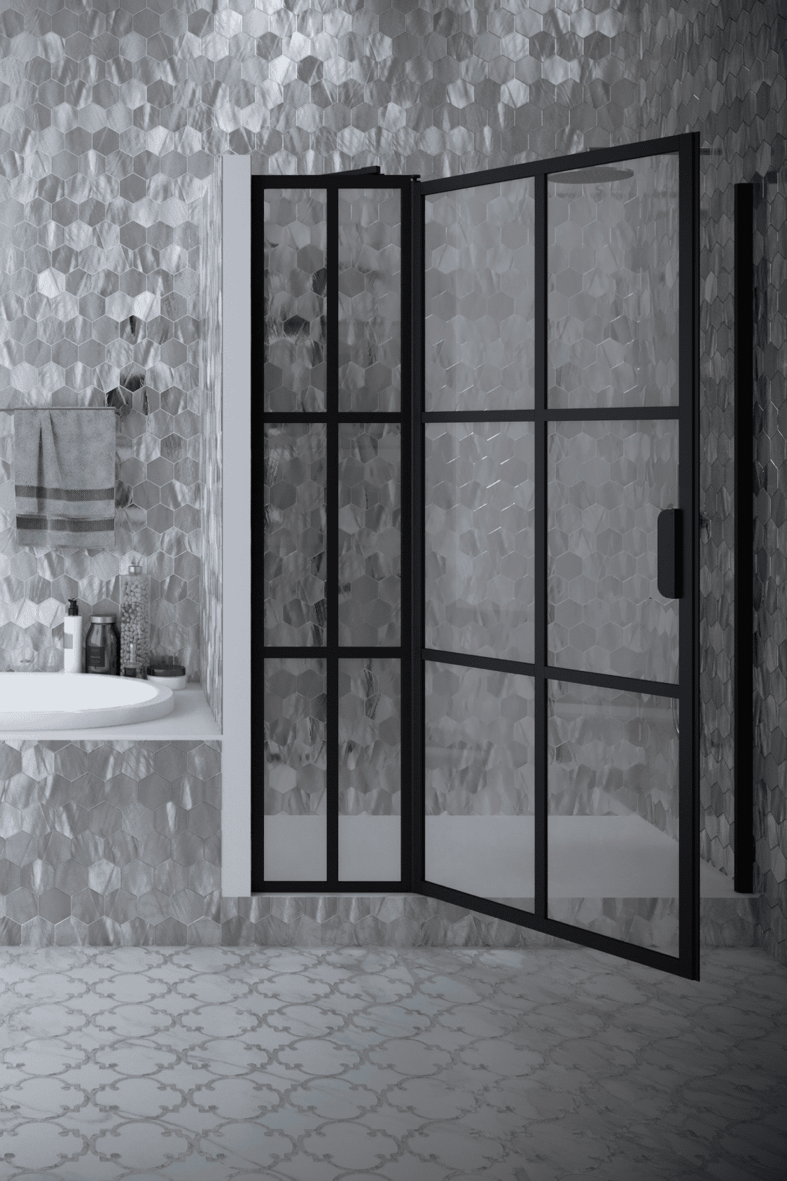 Hinged shower door with fixed part and wall magnet Hietakari Bläk 793 Paris