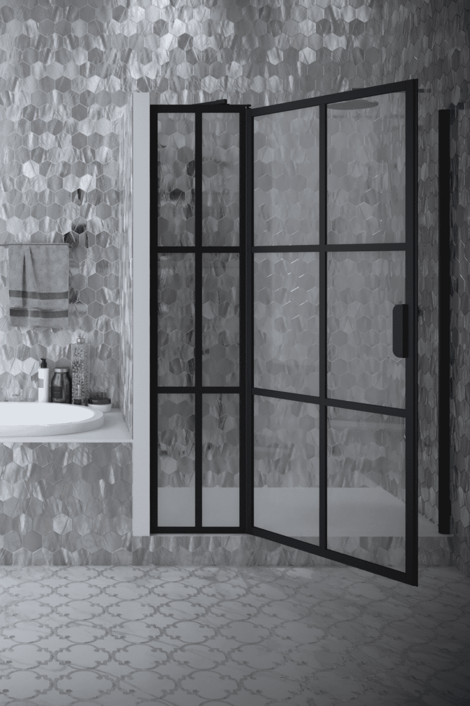 Hinged shower door with fixed part and wall magnet Hietakari Bläk 793 Paris, white frame, reeded glass Hinged shower door with fixed part and wall magnet Hietakari Bläk 793 Paris, white frame, reeded glass