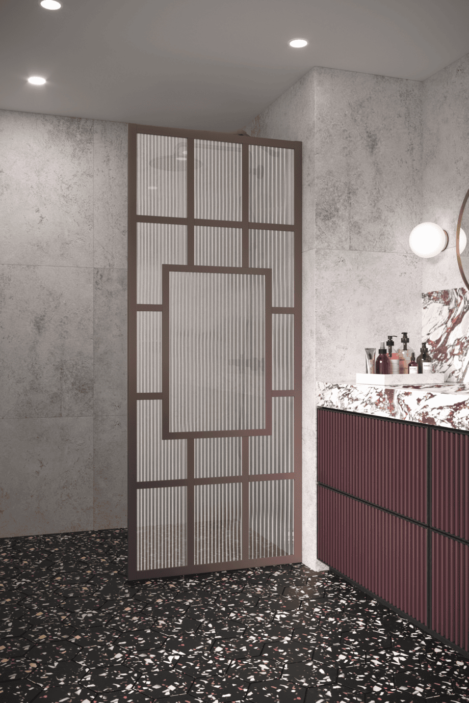 Fixed shower screen Hietakari Bläk 800 Shanghai, Mocha frame, reeded glass Fixed shower screen Hietakari Bläk 800 Shanghai, Mocha frame, reeded glass