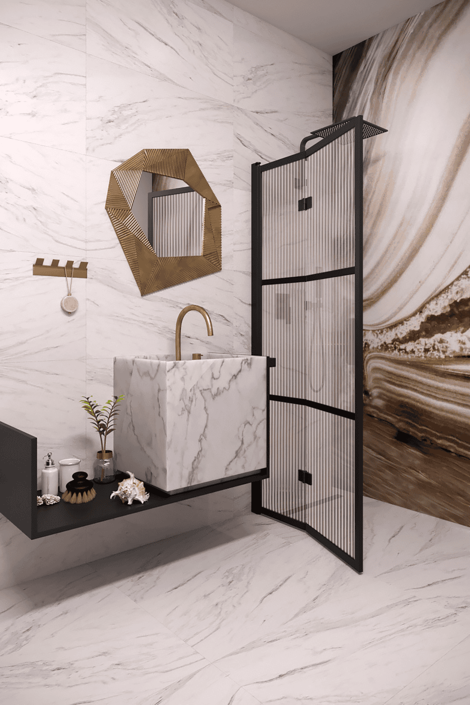 Folding shower screen Hietakari Bläk 882 Tokyo, black frame, reeded glass Folding shower screen Hietakari Bläk 882 Tokyo, black frame, reeded glass