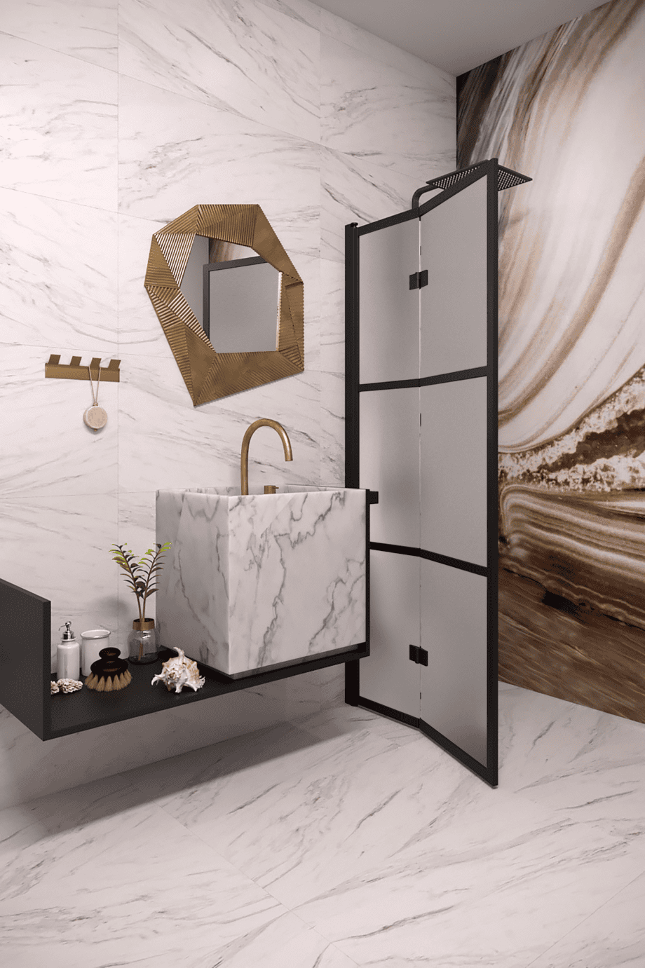 Folding shower screen Hietakari Bläk 882 Tokyo, black frame, satin frosted glass Folding shower screen Hietakari Bläk 882 Tokyo, black frame, satin frosted glass
