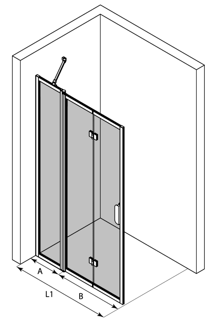 Folding shower screen with fixed part Hietakari Bläk 884 New York – 3D drawing Folding shower screen with fixed part Hietakari Bläk 884 New York – 3