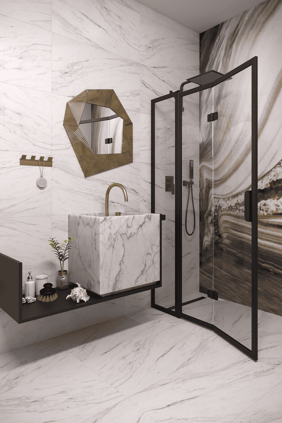 Folding shower screen with fixed part Hietakari Bläk 884 New York, black frame, grey tinted glass Folding shower screen with fixed part Hietakari Bläk 884 New York, black frame, grey tinted glass