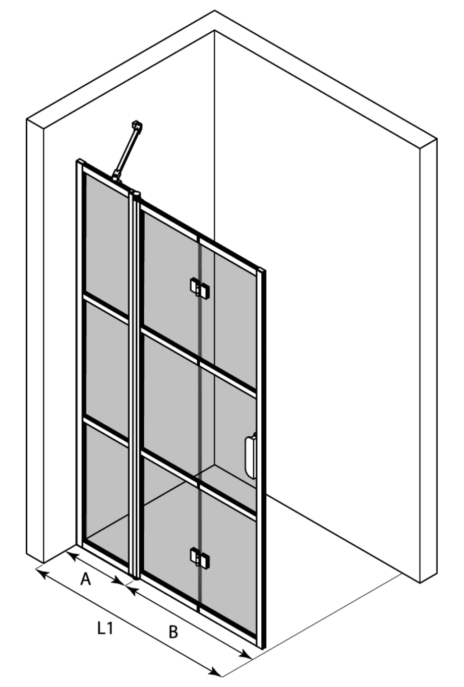 Hinged shower screen with fixed part Hietakari Bläk 885 Tokyo – 3D drawing Hinged shower screen with fixed part Hietakari Bläk 885 Tokyo – 3
