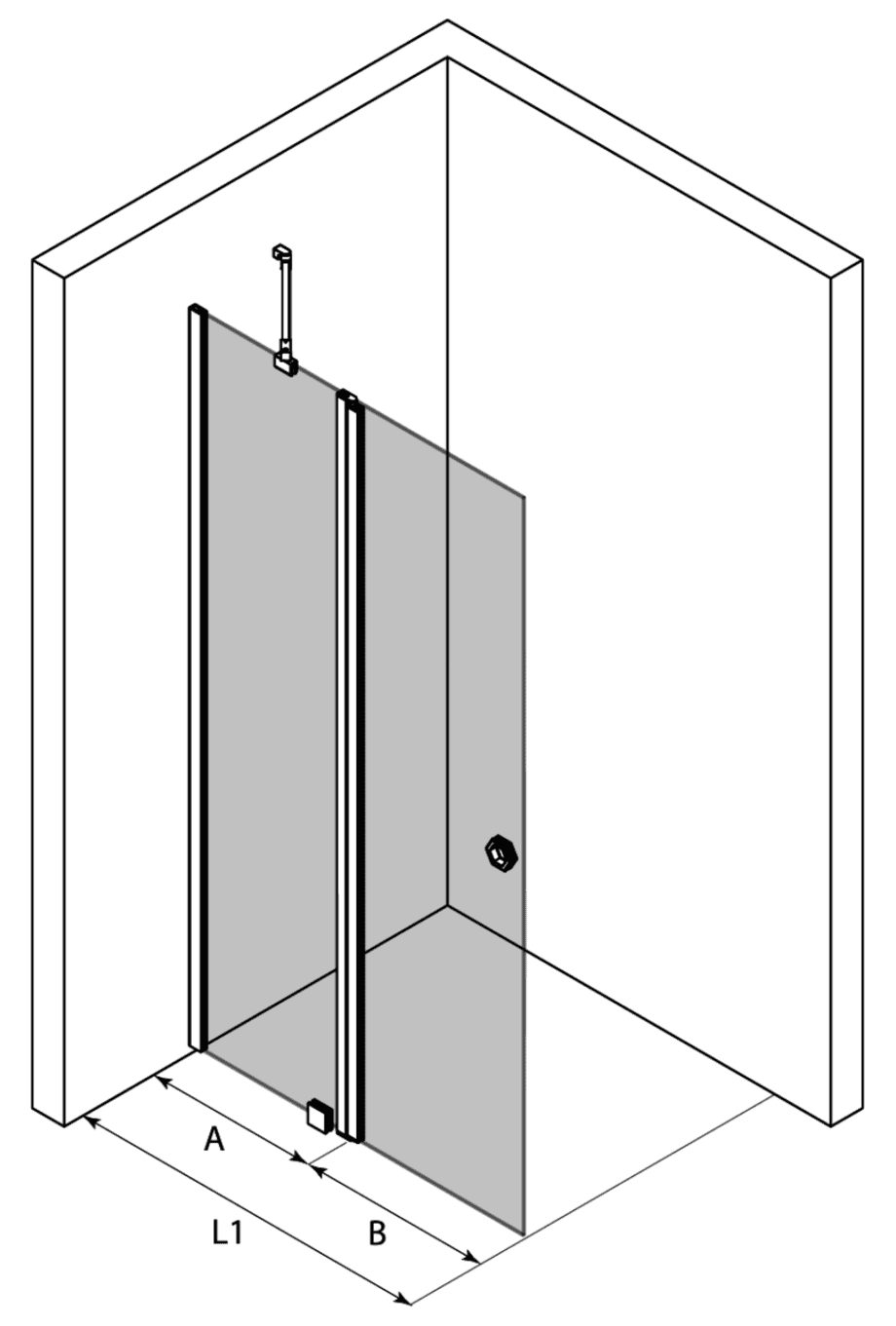 Hinged shower screen with fixed part Hietakari Forma 304 – 3D drawing Hinged shower screen with fixed part Hietakari Forma 304 – 3D drawing