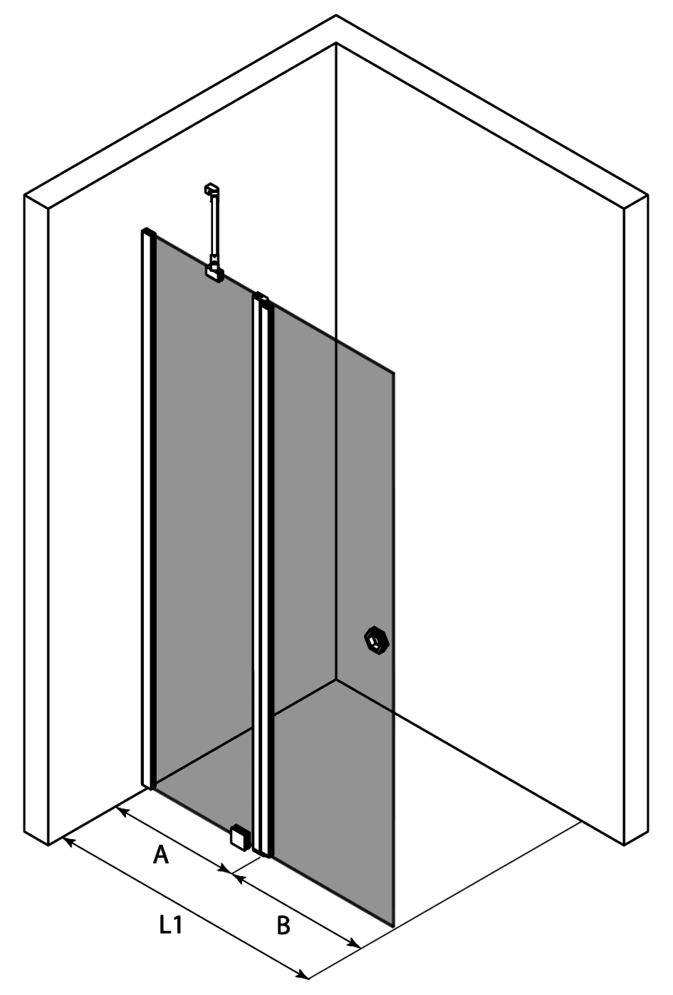 Hinged shower screen with fixed part Hietakari Forma 304 – 3D drawing Hinged shower screen with fixed part Hietakari Forma 304 – 3D drawing