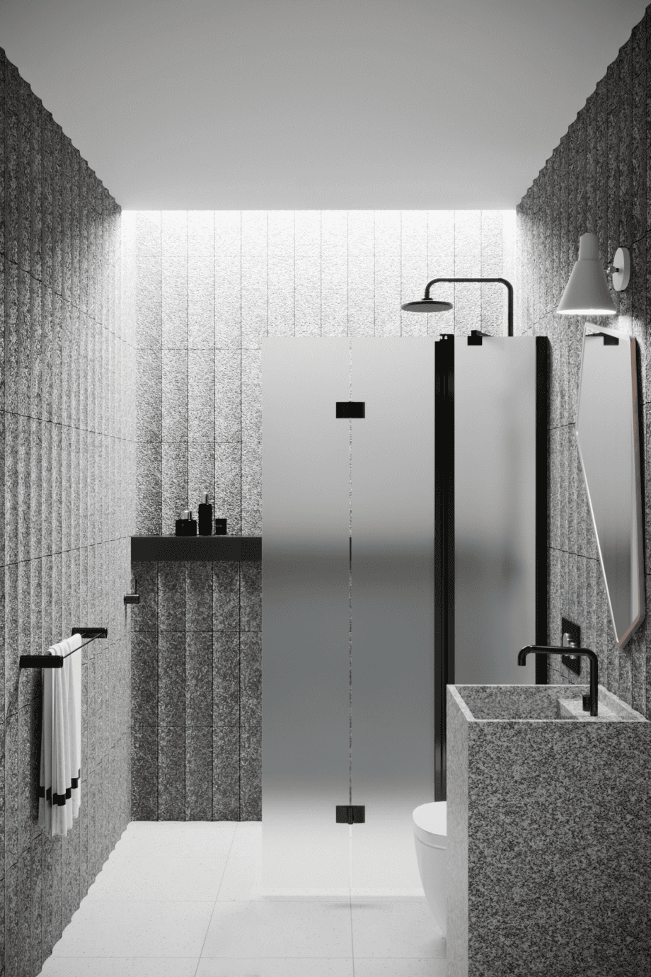 Folding shower screen with fixed part Hietakari Infinia 215, black frame, satin frosted glass Folding shower screen with fixed part Hietakari Infinia 215, black frame, satin frosted glass
