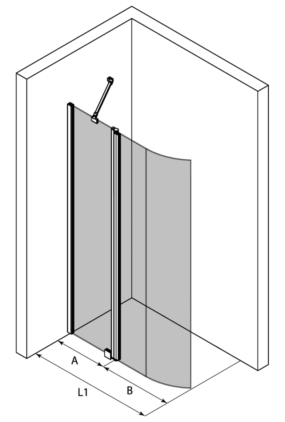 Curved hinged shower screen with fixed part Hietakari Infinia 224 – 3D drawing Curved hinged shower screen with fixed part Hietakari Infinia 224 – 3D drawing