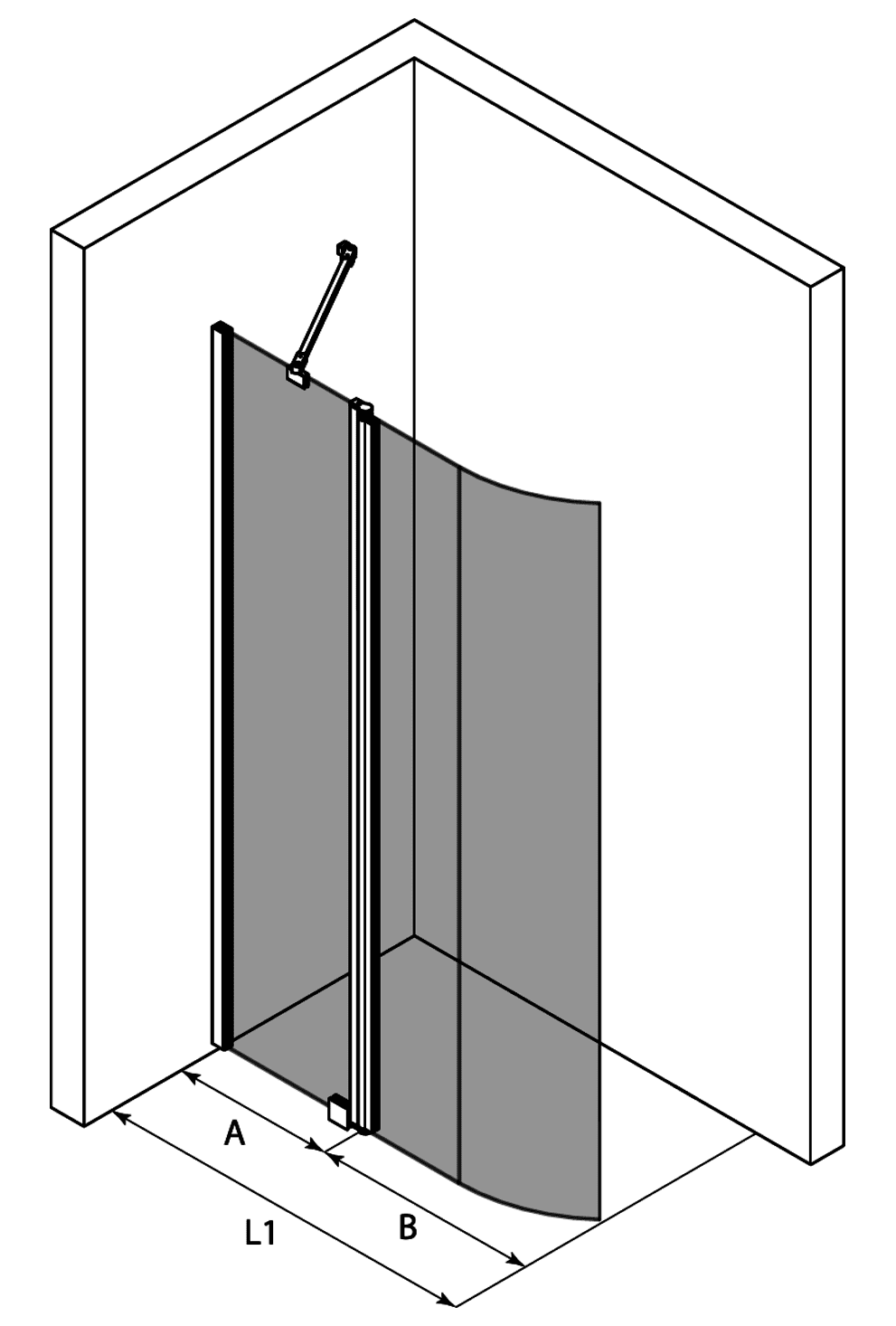 Curved hinged shower screen with fixed part Hietakari Infinia 224 – 3D drawing Curved hinged shower screen with fixed part Hietakari Infinia 224 – 3D drawing