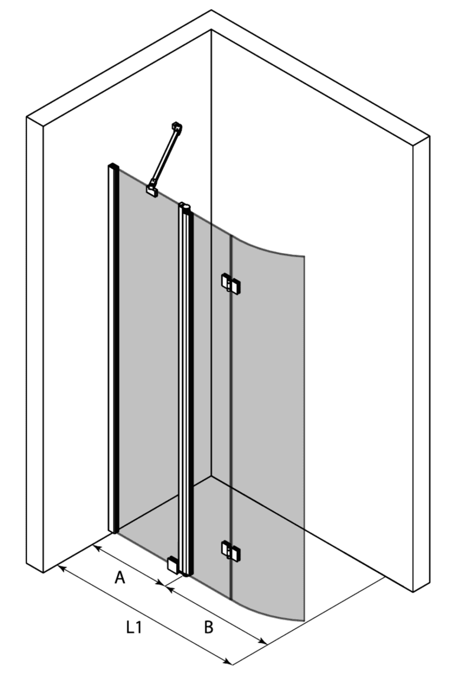 Curved folding shower screen with fixed part Hietakari Infinia 225 – 3D drawing Curved folding shower screen with fixed part Hietakari Infinia 225 – 3