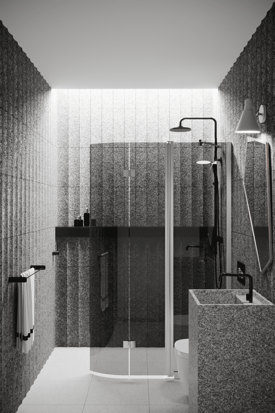 Curved folding shower screen with fixed part Hietakari Infinia 225, aluminium frame, grey tinted glass Curved folding shower screen with fixed part Hietakari Infinia 225, aluminium frame, grey tinted glass