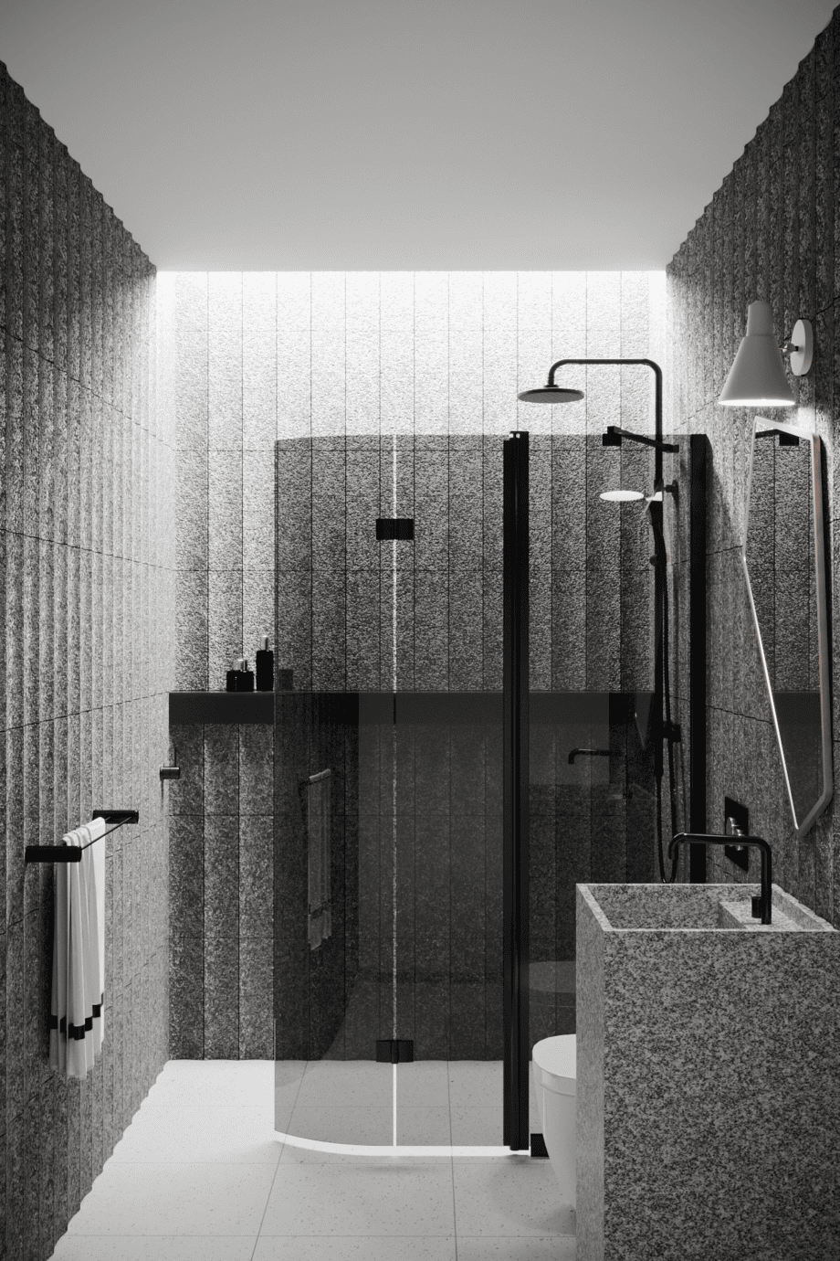 Curved folding shower screen with fixed part Hietakari Infinia 225, black frame, grey tinted glass Curved folding shower screen with fixed part Hietakari Infinia 225, black frame, grey tinted glass