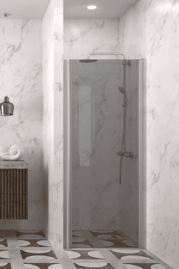 Hinged shower door with wall magnet Hietakari Infinia 233, aluminium frame, grey tinted glass Hinged shower door with wall magnet Hietakari Infinia 233, aluminium frame, grey tinted glass