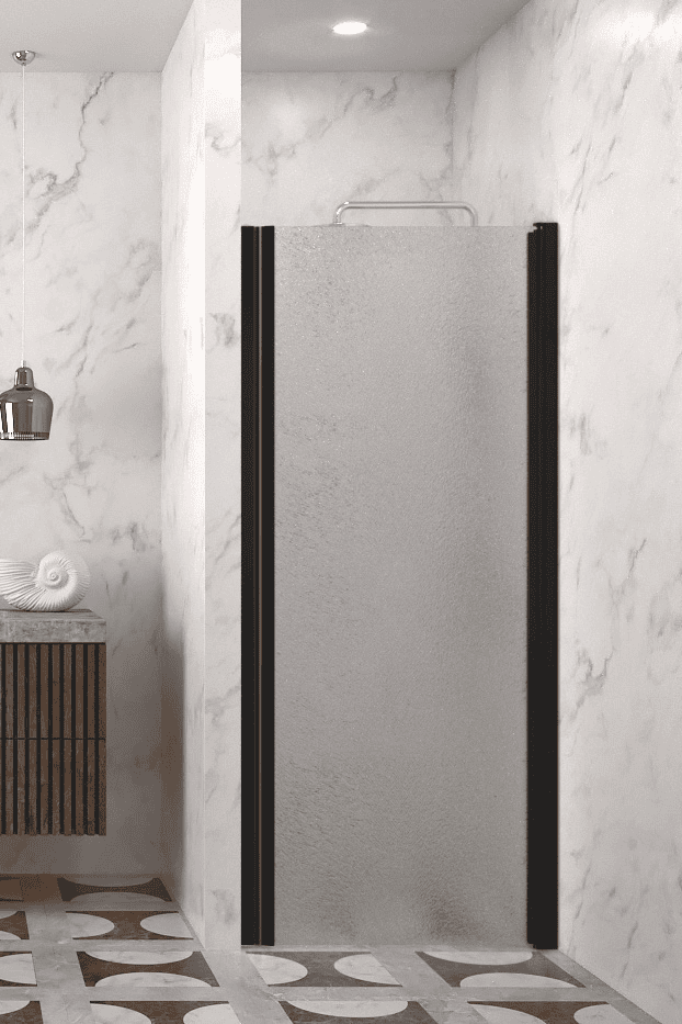 Hinged shower door with wall magnet Hietakari Infinia 233, black frame, Chinchilla patterned glass Hinged shower door with wall magnet Hietakari Infinia 233, black frame, Chinchilla patterned glass