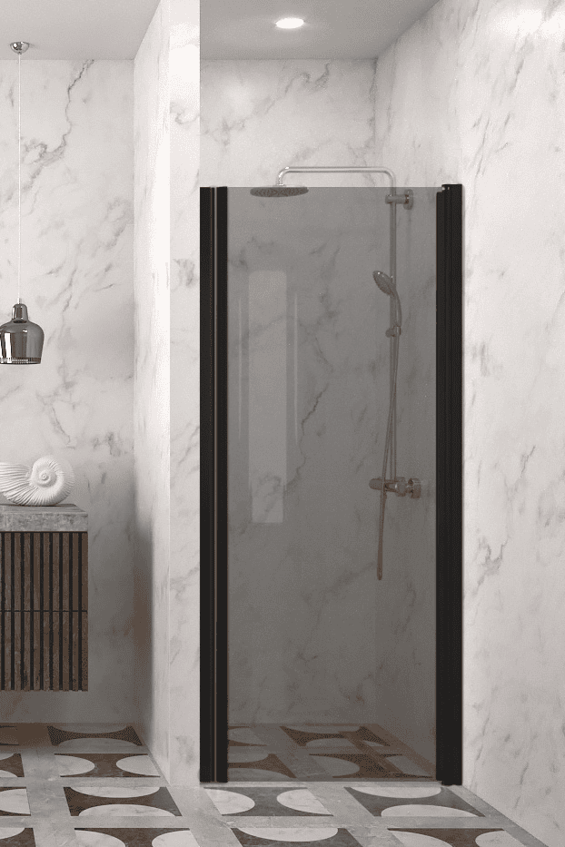 Hinged shower door with wall magnet Hietakari Infinia 233, black frame, grey tinted glass Hinged shower door with wall magnet Hietakari Infinia 233, black frame, grey tinted glass