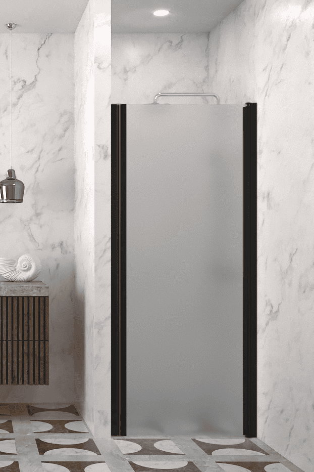 Hinged shower door with wall magnet Hietakari Infinia 233, black frame, satin frosted glass Hinged shower door with wall magnet Hietakari Infinia 233, black frame, satin frosted glass