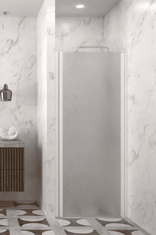 Hinged shower door with wall magnet Hietakari Infinia 233, white frame, Chinchilla patterned glass Hinged shower door with wall magnet Hietakari Infinia 233, white frame, Chinchilla patterned glass