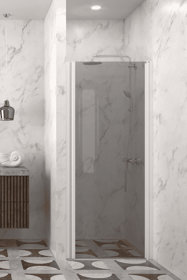 Hinged shower door with wall magnet Hietakari Infinia 233, white frame, grey tinted glass Hinged shower door with wall magnet Hietakari Infinia 233, white frame, grey tinted glass