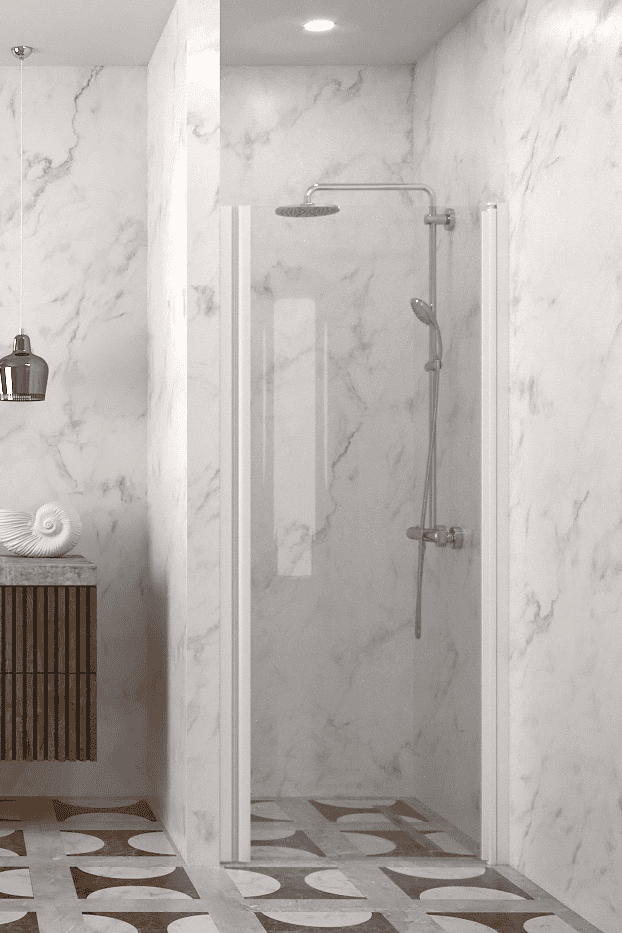 Hinged shower door with wall magnet Hietakari Infinia 233, white frame, clear glass Hinged shower door with wall magnet Hietakari Infinia 233, white frame, clear glass