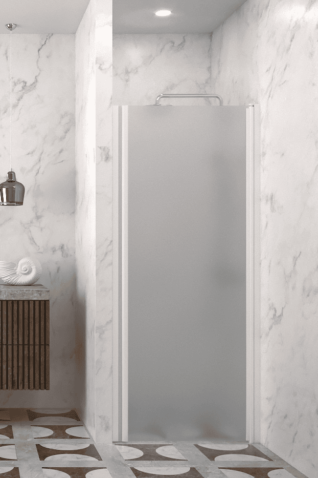 Hinged shower door with wall magnet Hietakari Infinia 233, white frame, satin frosted glass Hinged shower door with wall magnet Hietakari Infinia 233, white frame, satin frosted glass