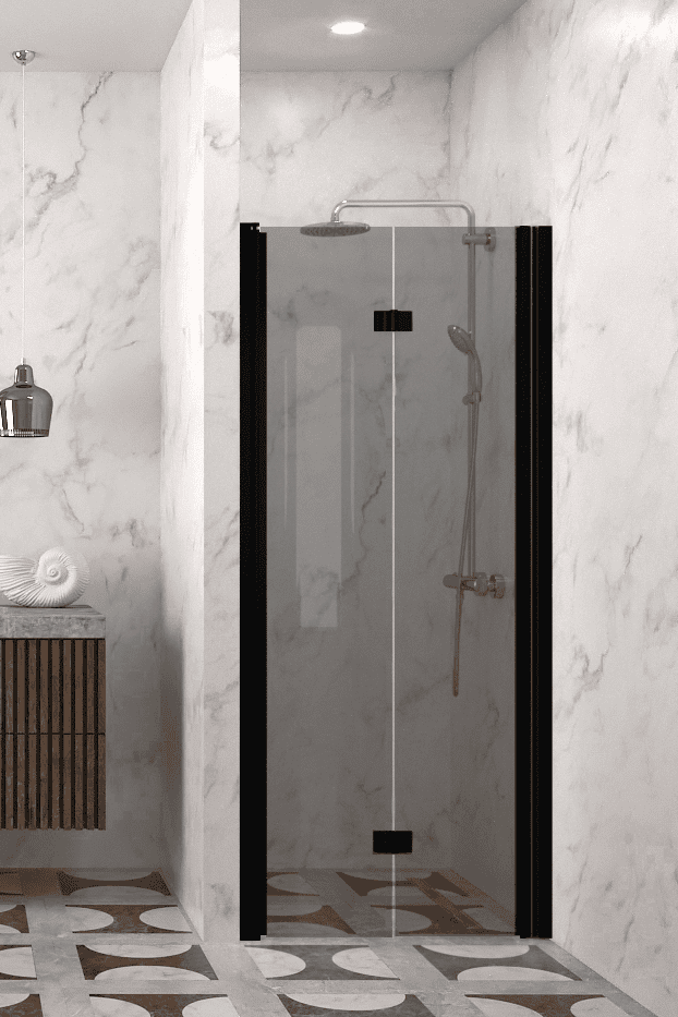 Folding shower door with wall magnet Hietakari Infinia 234, black frame, grey tinted glass Folding shower door with wall magnet Hietakari Infinia 234, black frame, grey tinted glass