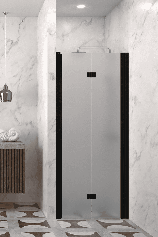 Folding shower door with wall magnet Hietakari Infinia 234, black frame, satin frosted glass Folding shower door with wall magnet Hietakari Infinia 234, black frame, satin frosted glass