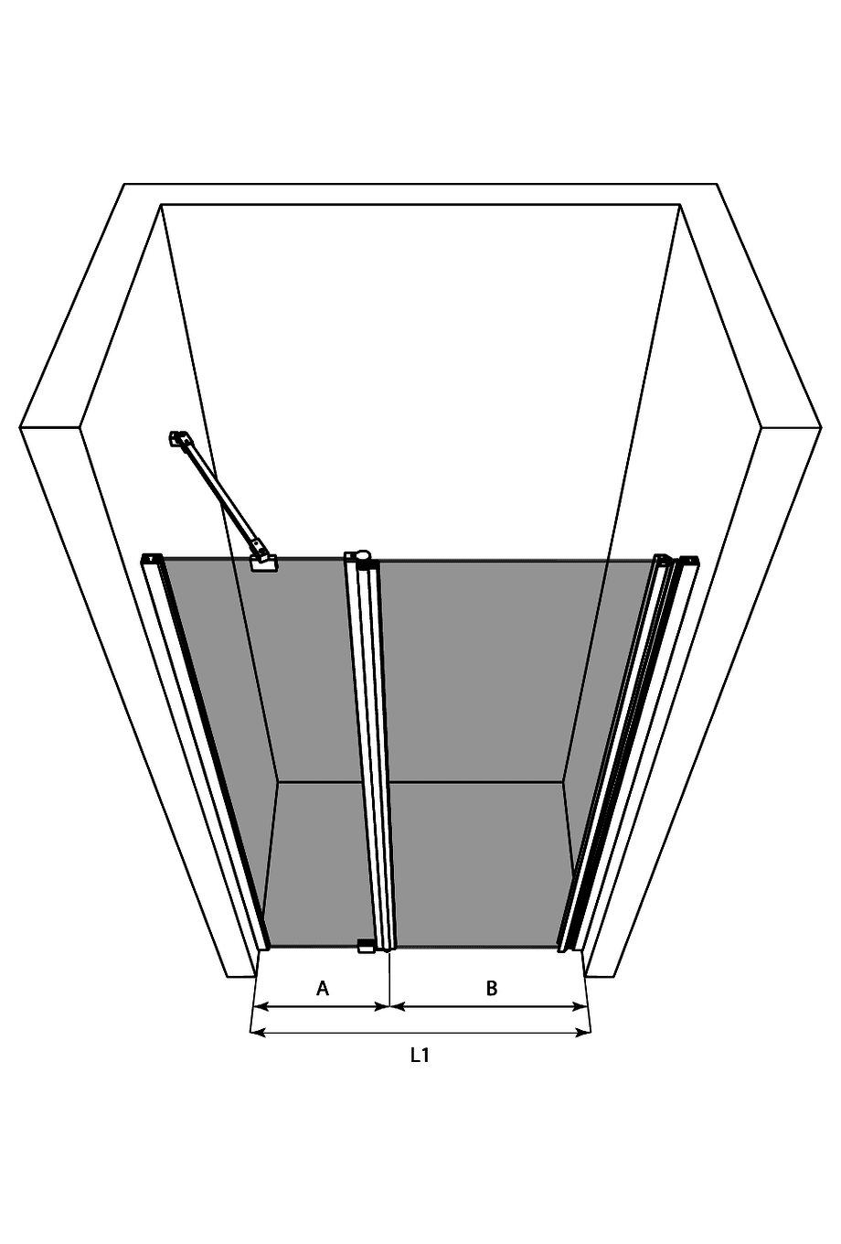 Hinged shower door with fixed part and wall magnet Hietakari Infinia 235 – 3D drawing Hinged shower door with fixed part and wall magnet Hietakari Infinia 235 – 3D drawing