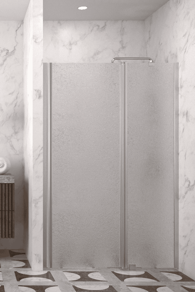 Hinged shower door with fixed part and wall magnet Hietakari Infinia 235, aluminium frame, Chinchilla patterned glass Hinged shower door with fixed part and wall magnet Hietakari Infinia 235, aluminium frame, Chinchilla patterned glass